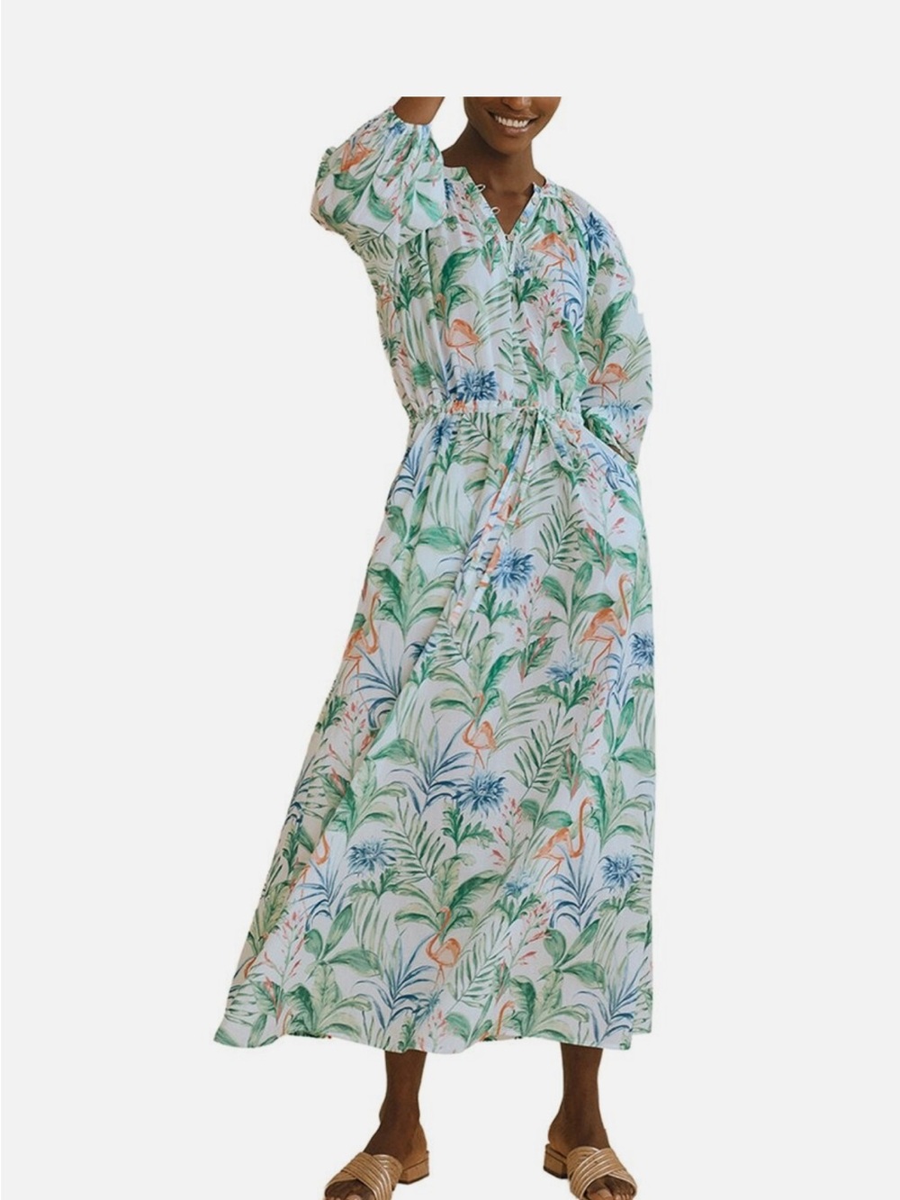 J. McLaughlin Tropical Flamingo Palm Print Maxi Dress white Green, Blue,